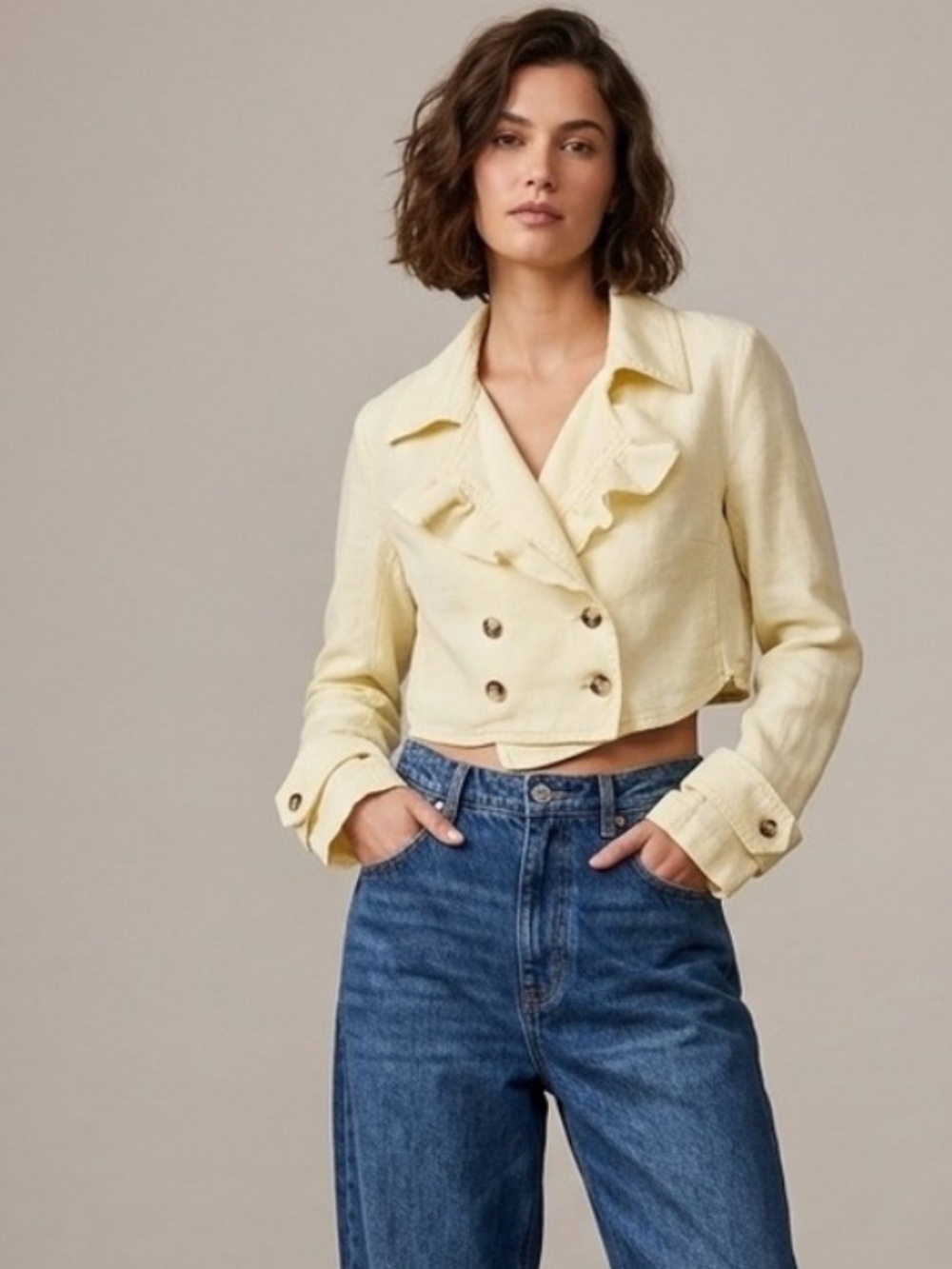 Free People Light Yellow Ruffle Linen Cropped Jacket
